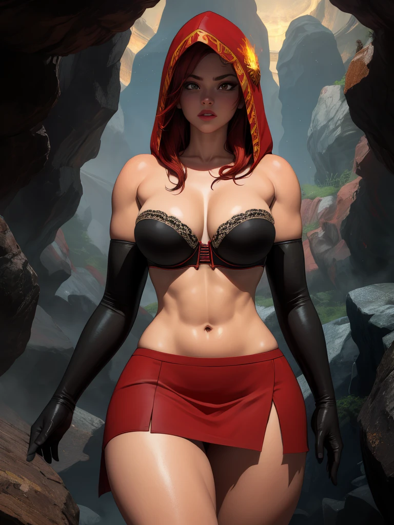 Dsorceress, redhair, shadowy face,dark cave, fire, hood, shadowed face, strapless bra, slim and athletic body, miniskirt, no panty, elbow gloves, dark skin, 1 girl (insanely detailed, masterpiece, best quality)