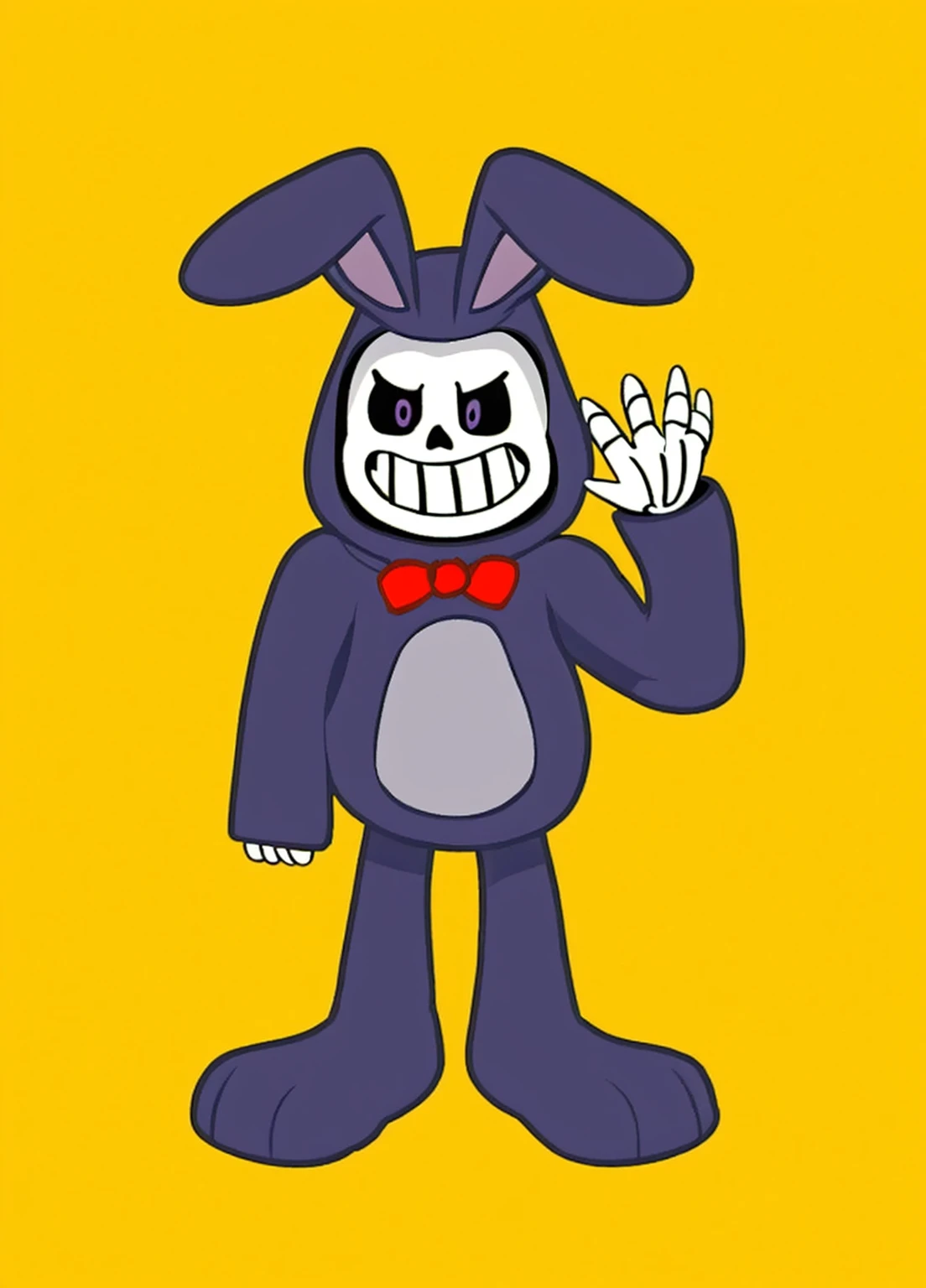 masterpiece, 3d, skull dressed as a purple plush rabbit, bright purple eyes, skeleton smiling, dando tchau, wearing a red bow tie, bone hands, cartoon, high qualiy, 4K