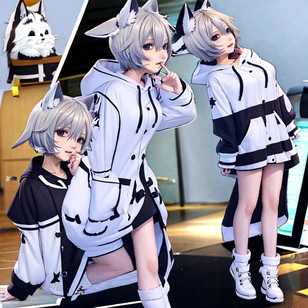 White-haired beautiful girl、Animal Ears、hoodie、Sadistic smile、Big Breasts、cute、Low - Angle、condescending、whole body、front、valley、Bare legs、Character portrait、Alone、