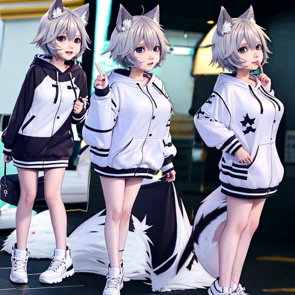 White-haired beautiful girl、Animal Ears、hoodie、Sadistic smile、Big Breasts、cute、Low - Angle、condescending、whole body、front、valley、Bare legs、Character portrait、Alone、