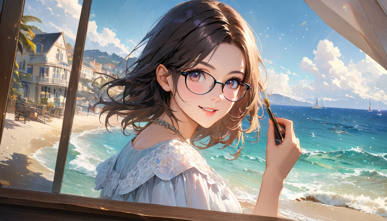 Sparkling sea in capri, on the beach , Sunny sky with fluffy white clouds, houses along the coast, detailed background,Pleasant sea breeze,Young woman with dark hair, eye glasses,smile,Glitter effect,highest quality, 4K, 8K, High resolution, masterpiece:1.2, Very detailed, Realistic:1.37, High resolution, 超High resolution, Studio Lighting, Ultra-fine painting, Sharp focus, Physically Based Rendering, Very detailed explanation, Professional, Vibrant colors