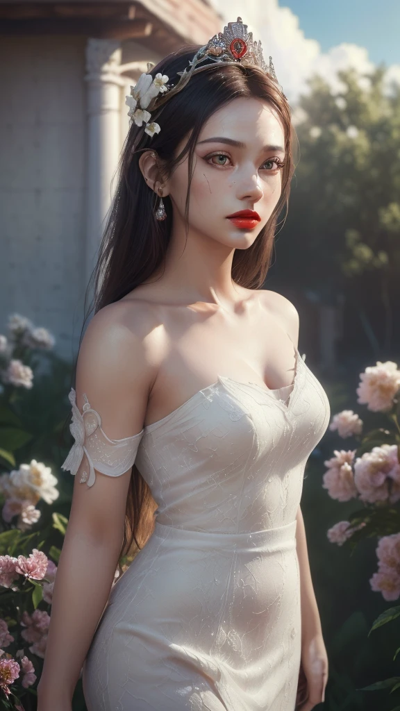 ((Hyper realistic super detailed, masterpiece:9.8, top quality:9.8, best quality:9.8, official art, beautiful and aesthetic:2.9)), safe for work, sfw, ultra high res, (photorealistic:3.5), extreme detailed, colorful, highest detailed, official art, unity 8k wallpaper, ultra detailed, 1girl, Detailed face:3.0, face is clear and delicate, 8K RAW, perfect face, Ultra realism, ((ung Apsara, age 23, very hot, posing in heaven), white clouds, (((a little crown made of flowers on head, jawline))), ((cinematic shot, cinematic lighting, closeup shot, red lips, female anatomy)), ((long hair:2.2, straight hair:2.4, young apsara, detailed eyes, white dress, bare shoulders, white background, sky in background)), ((photo realistic, depth of field, fair skin:1.2)), high resolution, solo, gorgeous:2.5, upper body, cinematic lighting, HDR (High Dynamic Range), Ray Tracing, NVIDIA RTX, Super-Resolution, Unreal 5, Subsurface scattering, PBR Texturing, Post-processing, Anisotropic Filtering, Depth-of-field, Maximum clarity and sharpness, Multi-layered textures, Surface shading, Accurate simulation of light-material interaction, Perfect proportions, Octane Render, Two-tone lighting, Wide aperture, Low ISO, White balance, Rule of thirds