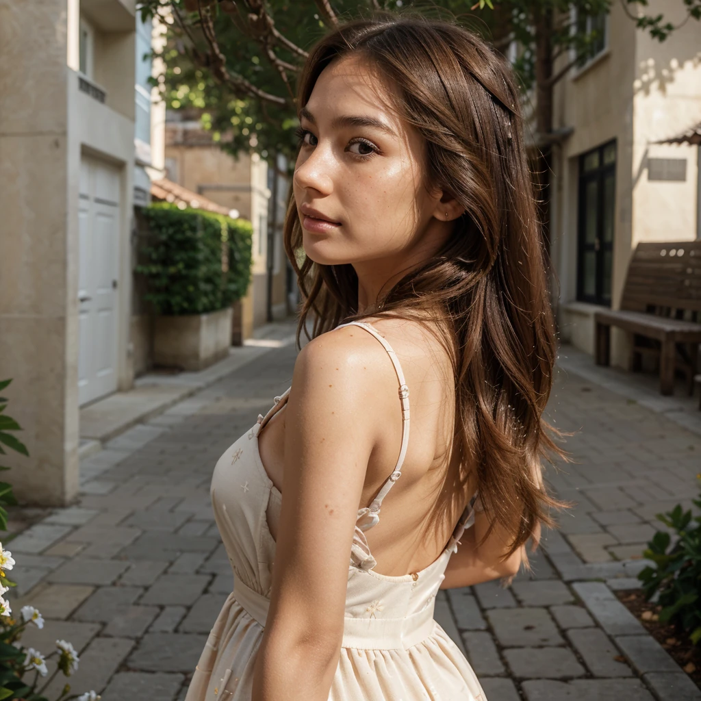 Create a very realistic and beautiful model with the following detailed features: Gender: Female, Age: Young adult (approximately 20-25 years old), Hair: Long, wavy and reddish with a natural shine, gently cascading around the shoulders and back back. . . . . . . . . . . . , Eyes: Bright green with a captivating, slightly almond-shaped look, detailed with natural highlights, Skin: Fair complexion with a light texture, including natural freckles on the nose and cheeks, giving a youthful and vibrant appearance: Fair complexion with a light texture, including natural freckles on the nose and cheeks, giving a youthful and lively appearance, Face: with a smooth and natural contour, soft, full lips with a slight pinkish tint and a slightly delicate upturned nose, Expression : a sweet face, with a touch of mischief, which conveys warmth and accessibility, Clothing: a flowing dress, bright color, orange dress, long dress, Context: the model is in an elegant and flowery street, she is walking, her arms follow the movement, the street is real,
Pose: Relaxed and Confident Posture, Aesthetic, Unsplash, Neoclassicism, Intricate Background, Best Quality, Hyper Detailed, Gratty Sita, 64K, Light Design