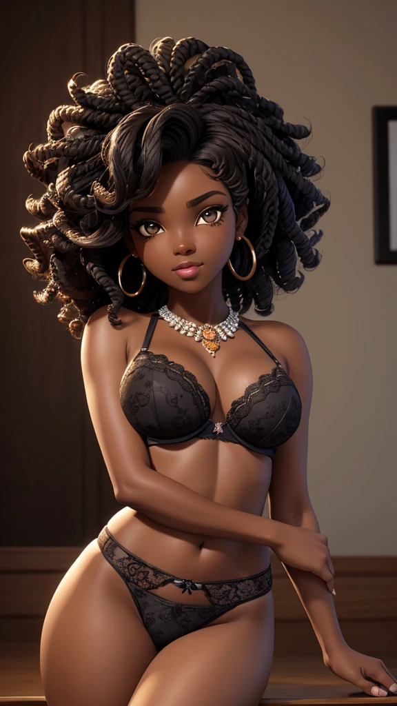 1girl african dark brown skin, realistic shadows, detailed skin, sparkling eyes, curly black hair, very detailed, highly detailed 8k face, perfect face shape, perfect full lips, perfect nose, correct beautiful eyes, observant , hair flowers, masterpiece , best quality, single, tight bra and panties, alone