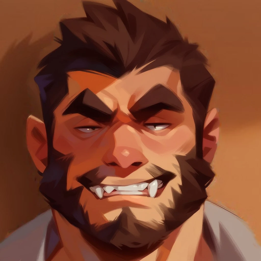 facial hair, beard, thick eyebrows, squinted eyes, looking pleased, side view, werewolf

