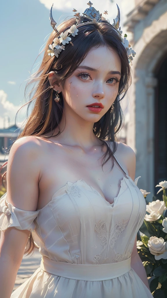 ((Hyper realistic super detailed, masterpiece:9.8, top quality:9.8, best quality:9.8, official art, beautiful and aesthetic:2.9)), safe for work, sfw, ultra high res, (photorealistic:3.5), extreme detailed, colorful, highest detailed, official art, unity 8k wallpaper, ultra detailed, 1girl, Detailed face:3.0, face is clear and delicate, 8K RAW, perfect face, Ultra realism, ((1 young Apsara, age 23, very hot, posing in heaven), white clouds, (((a little crown made of flowers on head, jawline))), ((cinematic shot, cinematic lighting, closeup shot, red lips, female anatomy)),  ((long hair:2.2, straight hair:2.4, young apsara, detailed eyes, white dress, bare shoulders, white background, sky in background)), ((photo realistic, depth of field, fair skin:1.2)),  high resolution, solo, gorgeous:2.5, upper body, cinematic lighting, HDR (High Dynamic Range), Ray Tracing, NVIDIA RTX, Super-Resolution, Unreal 5, Subsurface scattering, PBR Texturing, Post-processing, Anisotropic Filtering, Depth-of-field, Maximum clarity and sharpness, Multi-layered textures, Surface shading, Accurate simulation of light-material interaction, Perfect proportions, Octane Render, Two-tone lighting, Wide aperture, Low ISO, White balance, Rule of thirds