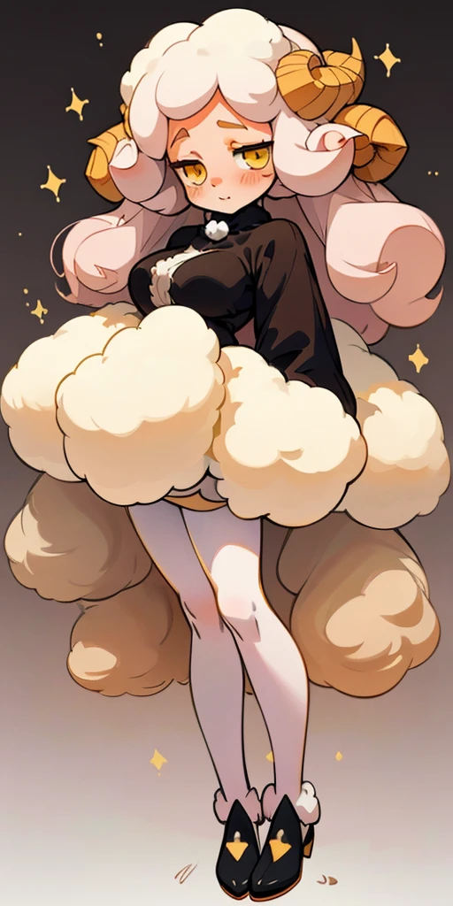 woman, long white curly hair,, Short dress with fluffy fur lining, Curvy, shy, blush, Fluffy socks, Fair skin, Sheep Girl, Yellow Eyes, Inspired by anime, Inspired by manga, Soft lines, 子Sheep Girl, Sheep Girl, Cute Cartoon Sheep, Soft colors, Full body portrait、Simple background