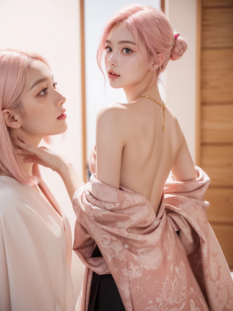 Background ( Japanese style) , standing near a samurai Armor holding it , Wearing ( a black and golden dragon print backless dress), back view,cute girl short pink hair ,all her hair short pink , with a star clip in her pink hair, light colored eyes, pretty eyes, happy eyes, pretty, upturned nose, watery nose, Pretty lips, pink lips, heart and cupid shaped lip, pretty skin, pale, White skin, with moles and freckles all over his face, soft pink blush on the cheeks, natural pink blush, soft pink makeup, Jennie, nice neck, frown, tender look, with a kiss necklace, Delgado, marked and pretty, , photorealism, 8k , photorealistic , show clearly,
