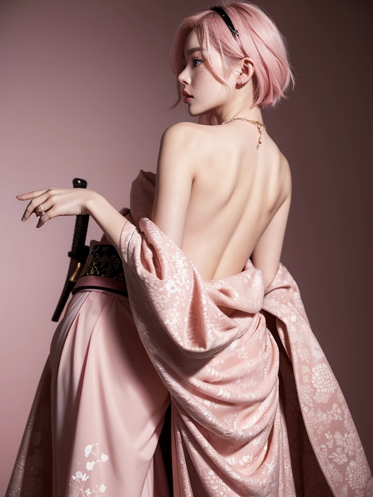 Background ( Japanese style) , standing near a samurai Armor holding it , Wearing ( a black and golden dragon print backless dress), back view,cute girl short pink hair ,all her hair short pink , with a star clip in her pink hair, light colored eyes, pretty eyes, happy eyes, pretty, upturned nose, watery nose, Pretty lips, pink lips, heart and cupid shaped lip, pretty skin, pale, White skin, with moles and freckles all over his face, soft pink blush on the cheeks, natural pink blush, soft pink makeup, Jennie, nice neck, frown, tender look, with a kiss necklace, Delgado, marked and pretty, , photorealism, 8k , photorealistic , show clearly,
