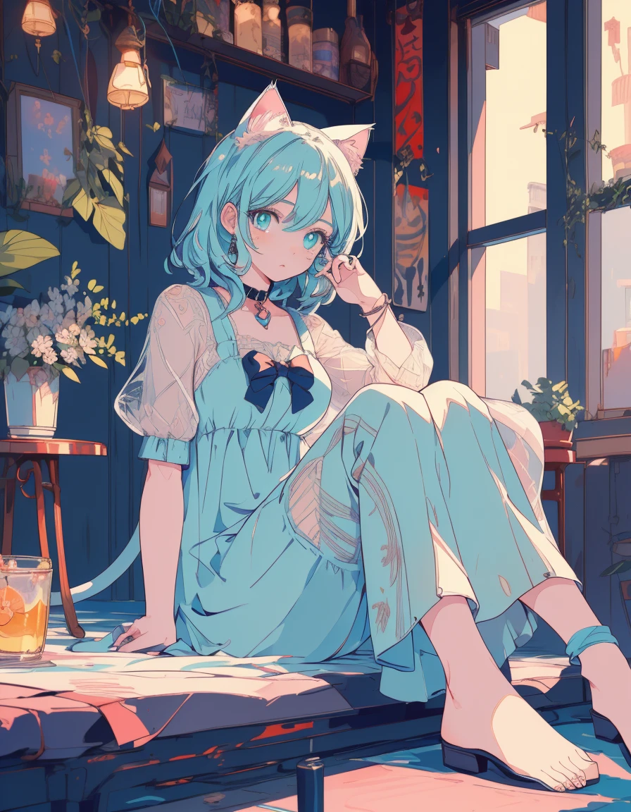 full body, ((masterpiece, best quality:1.5)), ((Beautiful detailed cat aqua eyes:1.2)), cat ears, pale skin, medium breasts, beautiful hands, beautiful fingers, EasyNegative