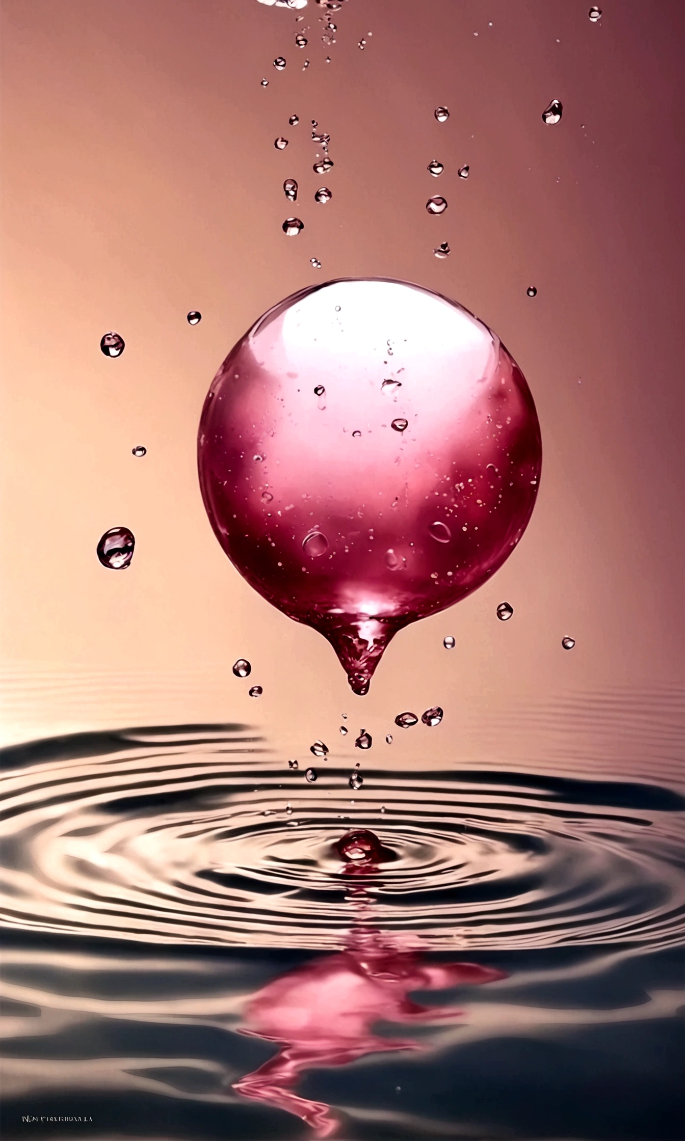 A drop of light pink paint falling into water，Smudge；The water is golden and transparent。Underwater Vision。
