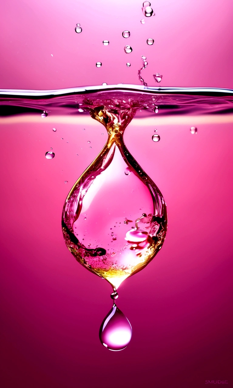 A drop of light pink paint falling into water,Smudge;The water is golden and transparent。Underwater Vision。