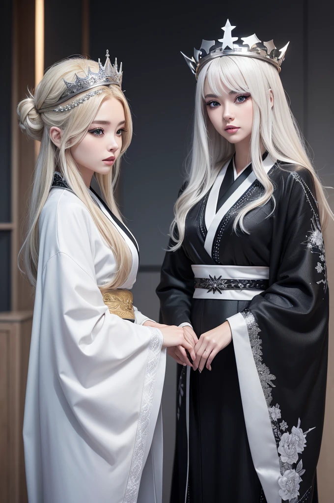 Female character in free frie style, Caucasian skin, long and blonde hair,She wears a silver crown with star details on it,She wears a black titanium mascara,and her outfit is a white kimono with black details.