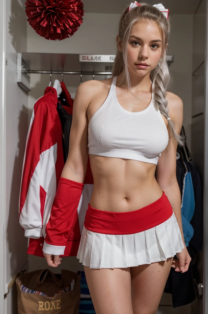 The image shows a young woman dressed in a cheerleader outfit standing in a locker room. Her outfit is striking red and white, featuring a crop top with the word "BEAUTIFUL" across the chest and a matching skirt with pleats and white trim. She has her hair styled in a high ponytail and is holding a black and silver pom-pom. The background is lined with blue lockers and the setting has a sporty, high school vibe, enhanced by the soft, ambient lighting coming from overhead lights.she has platinum blond hair.