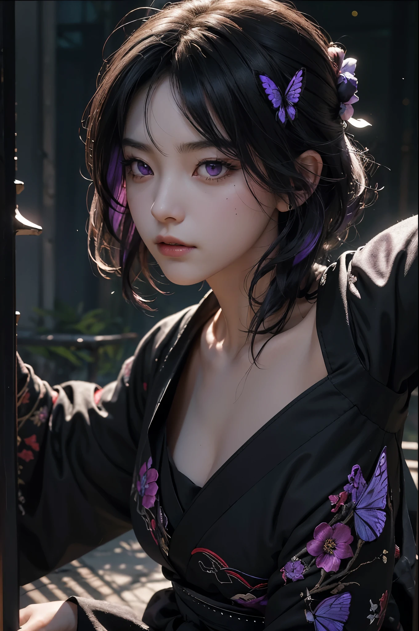 8K,Women in traditional Japanese kimonos fighting,(Dark Shot:1.4), 80mm, (Dark Shot:1.4), 80mm, A magnificent reality, Big eyes,Black short bob hair,Black and purple butterfly hair ornament,Black kimono and red obi,黒と紫のButterfly embroidery(精密なButterfly embroidery),Purple eyes(Purple Effect),mat, art,Horror movie lights, Photo Lab, High resolution, 複雑で非常にdetailed, (Depth of written border:1.4), (Dark Shot:1.22), (artステーション:1.2), 超detailedな, dramatic, Intricate details, (Technicolor:0.9), (Rutkowski:0.8), Like a horror movie, detailed, Soft Light, sharp, Exposure Blending, Medium Shot, (Noir:0.4), horror light,sharp, Exposure Blending、Medium Shot,Photorealistic RAW photos of the highest quality。Backlight, Cinema Lighting, Film Grain, 50mm lens, Nikon D850,Realistic Skin,ファンタジーart,キャラクターart,超High resolution,Muscular and slim body,super Realistic Skin,Late Night,Underworld demon makeup,Battle Scenes,Action Scenes,Action pose,激しいAction pose,fierce fighting,Holding a dagger,Acrobatic pose,Fighting Style,Butterfly embroidery,Dim forest,