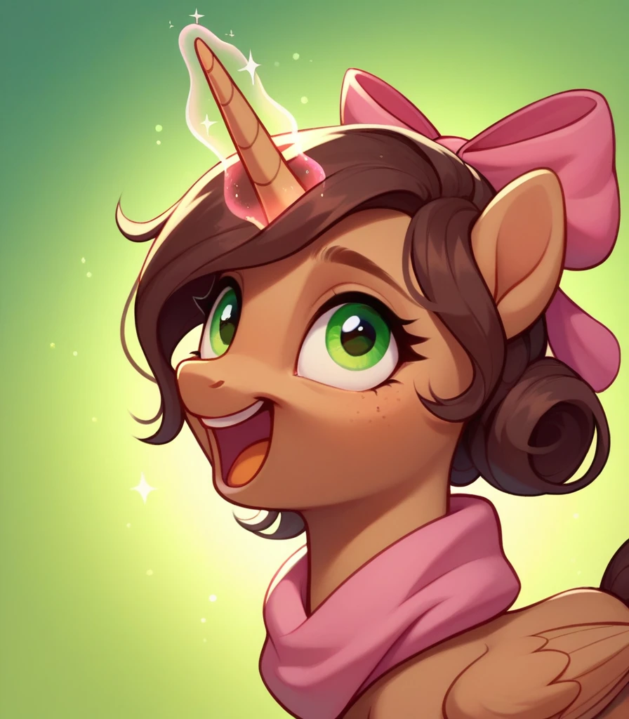 Dark Brown alicorn Pony with dark brown hair, excited, magic coming from her horn, wearing a pink bow,green eyes