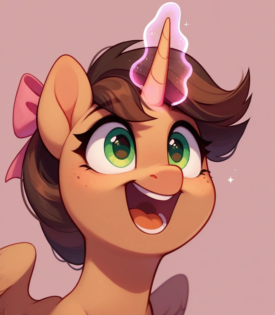 Dark Brown alicorn Pony with dark brown hair, excited, magic coming from her horn, wearing a pink bow,green eyes