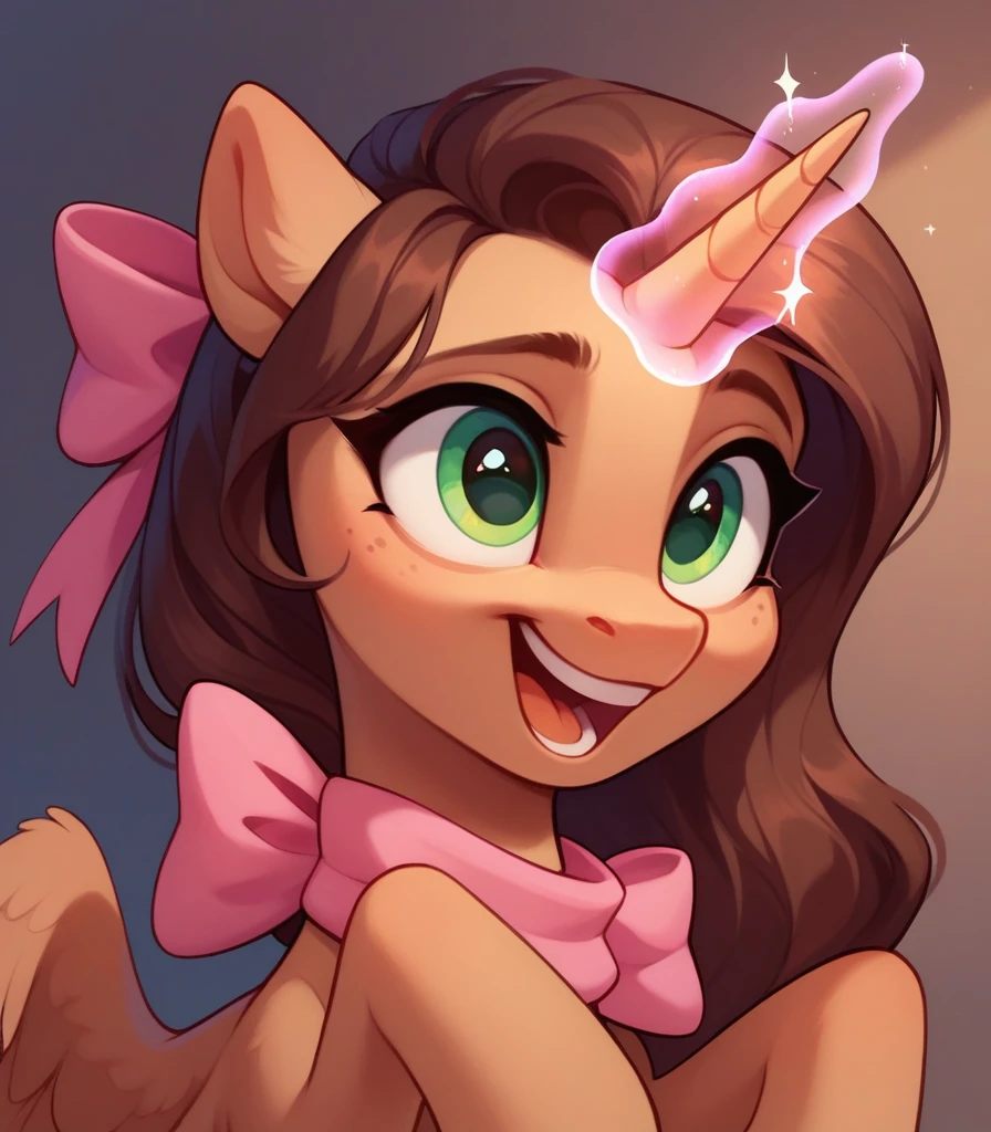 Dark Brown alicorn Pony with dark brown hair, excited, magic coming from her horn, wearing a pink bow,green eyes