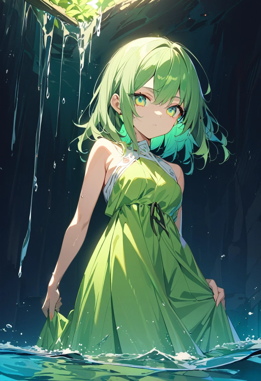 1 girl, masterpiece, best quality, beautiful, big eyes, expressionless, green eyes, lime green hair, indra vasti dress, water, anime