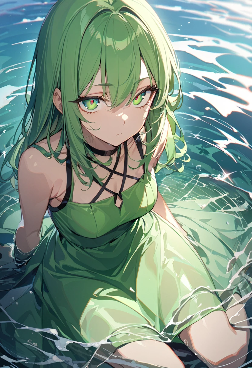1 girl, masterpiece, best quality, beautiful, big eyes, expressionless, green eyes, lime green hair, indra vasti dress, water, anime