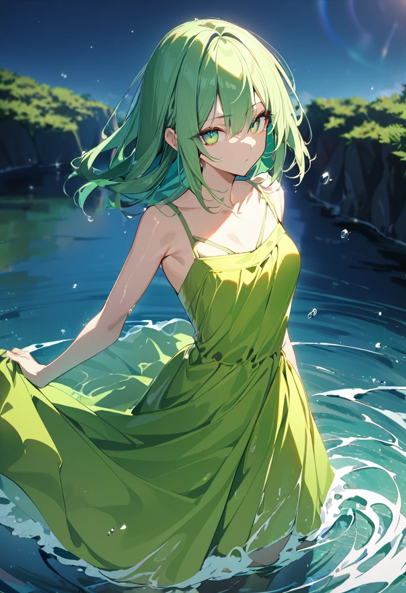 1 girl, masterpiece, best quality, beautiful, big eyes, expressionless, green eyes, lime green hair, indra vasti dress, water, anime