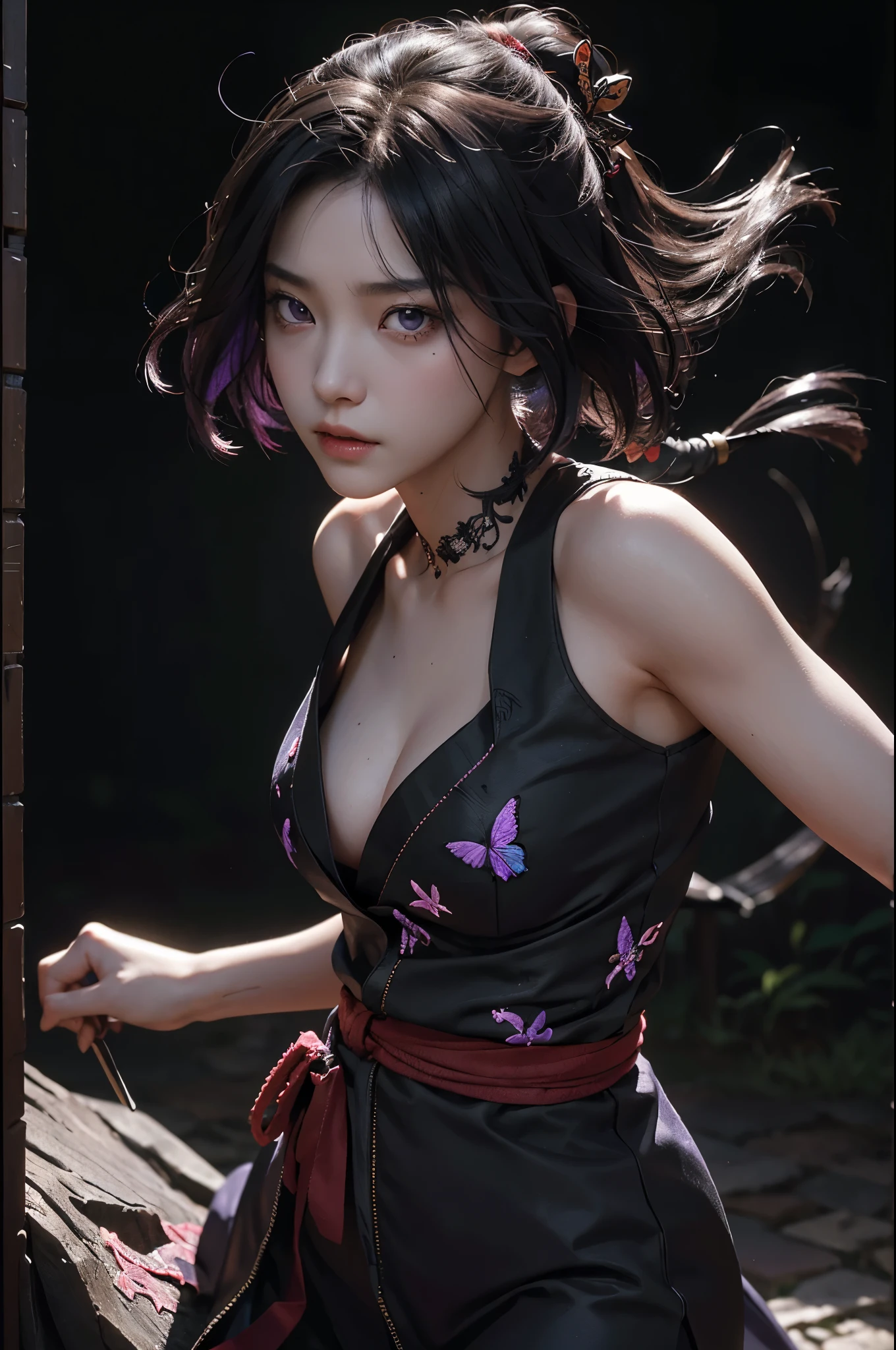 8K,Women in traditional Japanese kimonos fighting,(Dark Shot:1.4), 80mm, (Dark Shot:1.4), 80mm, A magnificent reality, Big eyes,Black short bob hair,Black and purple butterfly hair ornament,Black kimono and red obi,黒と紫のButterfly embroidery(精密なButterfly embroidery),Purple eyes(Purple Effect),mat, art,Horror movie lights, Photo Lab, High resolution, 複雑で非常にdetailed, (Depth of written border:1.4), (Dark Shot:1.22), (artステーション:1.2), 超detailedな, dramatic, Intricate details, (Technicolor:0.9), (Rutkowski:0.8), Like a horror movie, detailed, Soft Light, sharp, Exposure Blending, Medium Shot, (Noir:0.4), horror light,sharp, Exposure Blending、Medium Shot,Photorealistic RAW photos of the highest quality。Backlight, Cinema Lighting, Film Grain, 50mm lens, Nikon D850,Realistic Skin,ファンタジーart,キャラクターart,超High resolution,Muscular and slim body,super Realistic Skin,Late Night,Underworld demon makeup,Battle Scenes,Action Scenes,Action pose,激しいAction pose,fierce fighting,Holding a dagger,Acrobatic pose,Fighting Style,Butterfly embroidery,Dim forest,