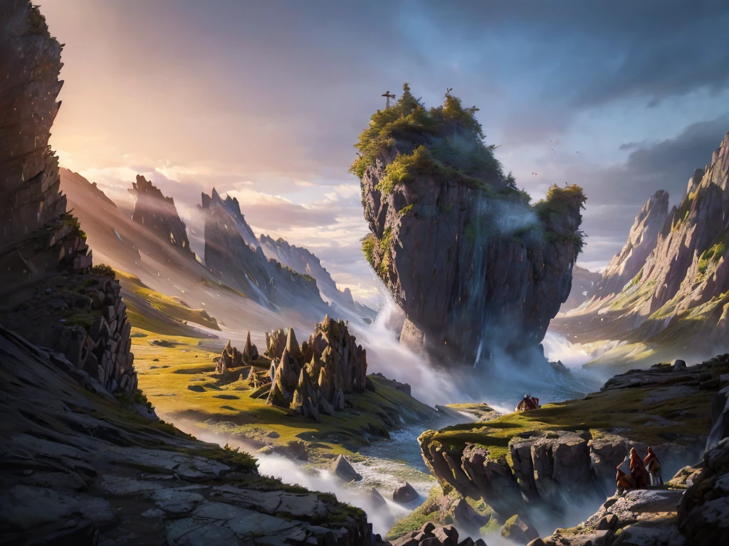 a detailed fantasy landscape, enchanted forests, majestic mountains, inspired by tolkien, in the style of john howe, ruins, ruined fortress, best quality, 4k, 8k, highres, masterpiece:1.2, ultra-detailed, realistic, photorealistic, photo-realistic:1.37, hdr, uhd, studio lighting, ultra-fine painting, sharp focus, physically-based rendering, extreme detail description, professional, vivid colors, bokeh, cinematic