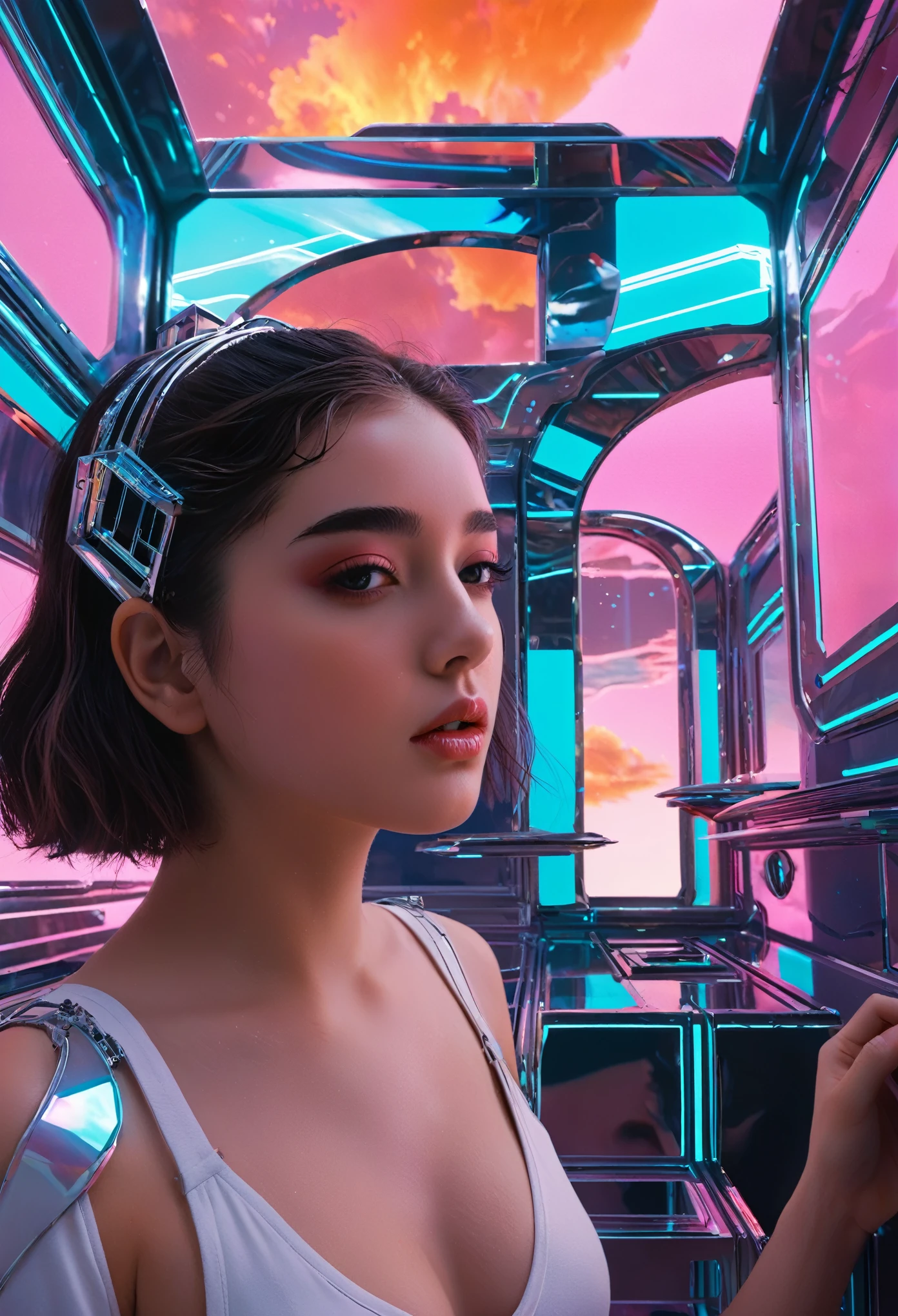 Dismantling the Self, Ultra-realistic surrealism, Dreamscape, An award-winning masterpiece with incredible detail, a beautiful girl, Surreal Vaporwave, Marginal Space, Very detailed, Very detailed futuristic, Cleveland Ohio, Cinematic, Rim Light, Octane Rendering, translation