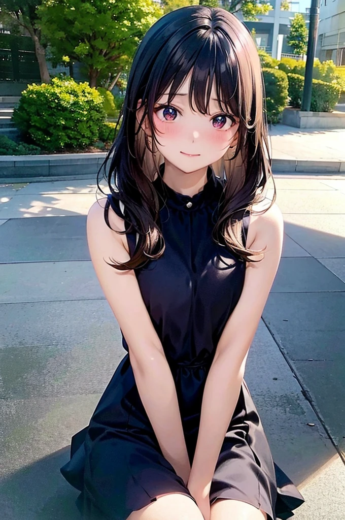 The image shows an anime girl sitting on a wooden bench outdoors, in what appears to be a park setting. The girl has short black hair, with long bangs that completely cover his eyes. She is wearing a dark blue sleeveless dress with white spaghetti straps.. The dress has a V-shaped neckline, and on the front of the bust there is a big red bow. The expression on his face shows a slight smile., and her cheeks are blushing. In the background, you can see some trees and a green grass area. Sunlight creates soft shadows on it, indicating that it is a sunny day.