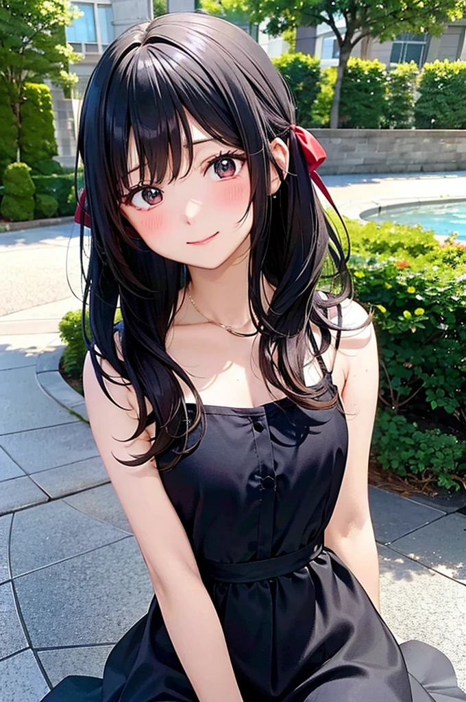 The image shows an anime girl sitting on a wooden bench outdoors, in what appears to be a park setting. The girl has short black hair, with long bangs that completely cover his eyes. She is wearing a dark blue sleeveless dress with white spaghetti straps.. The dress has a V-shaped neckline, and on the front of the bust there is a big red bow. The expression on his face shows a slight smile., and her cheeks are blushing. In the background, you can see some trees and a green grass area. Sunlight creates soft shadows on it, indicating that it is a sunny day.