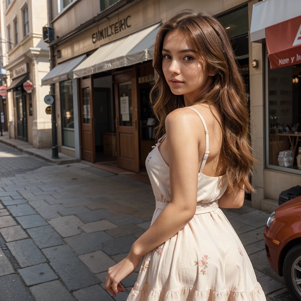 Create a very realistic and beautiful model with the following detailed features: Gender: Female, Age: Young adult (approximately 20-25 years old), Hair: Long, wavy and reddish with a natural shine, gently cascading around the shoulders and back back. . . . . . . . . . . . , Eyes: Bright green with a captivating, slightly almond-shaped look, detailed with natural highlights, Skin: Fair complexion with a light texture, including natural freckles on the nose and cheeks, giving a youthful and vibrant appearance: Fair complexion with a light texture, including natural freckles on the nose and cheeks, giving a youthful and lively appearance, Face: with a smooth and natural contour, soft, full lips with a slight pinkish tint and a slightly delicate upturned nose, Expression : a sweet face, with a touch of mischief, which conveys warmth and accessibility, Clothing: a flowing dress, bright color, orange dress, long dress, Context: the model is in an elegant and flowery street, she is walking, her arms follow the movement, the street is real,
Pose: Relaxed and Confident Posture, Aesthetic, Unsplash, Neoclassicism, Intricate Background, Best Quality, Hyper Detailed, Gratty Sita, 64K, Light Design