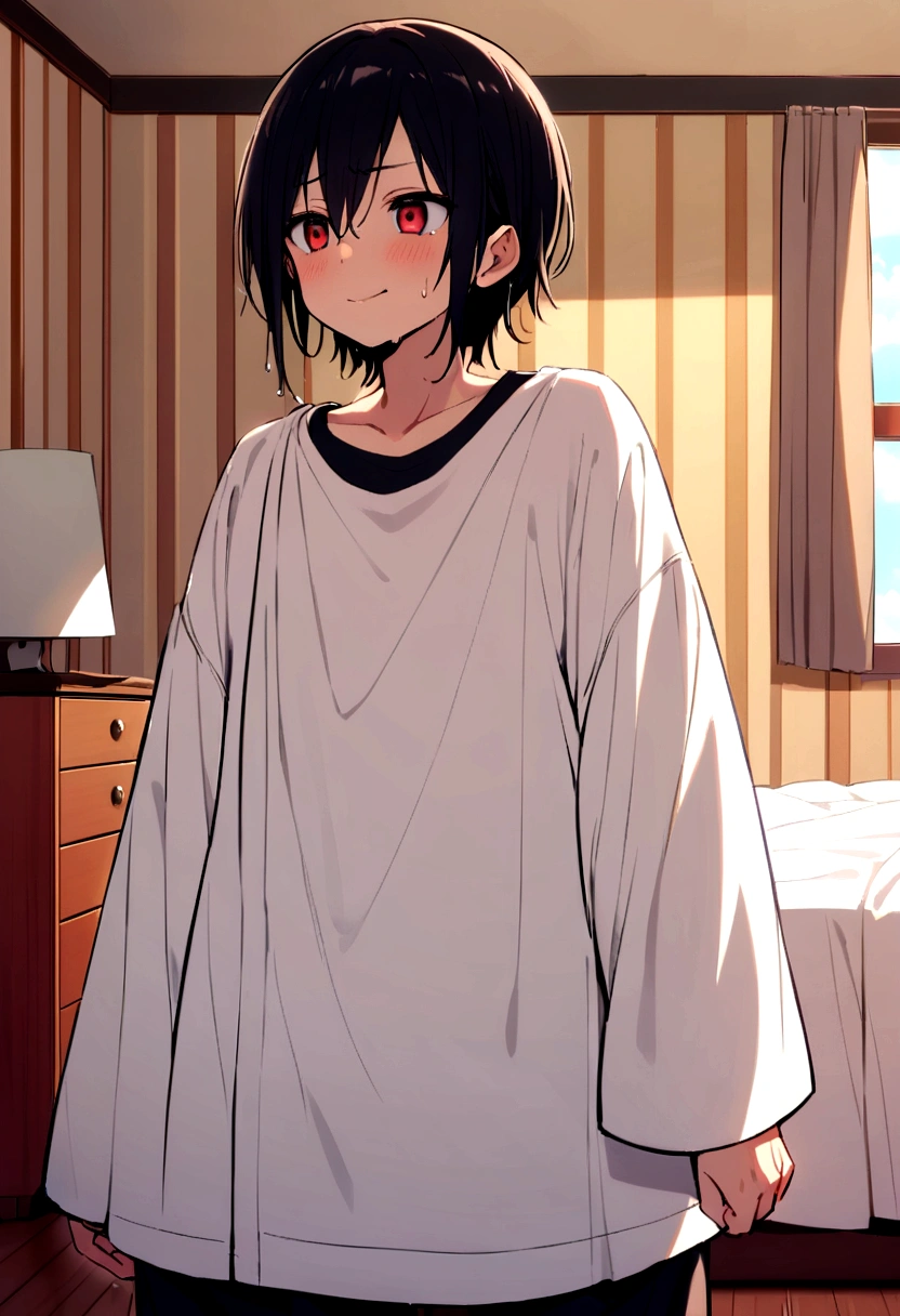 boy, red eyes, black short wet hair, cute face, room, too big casual clothes