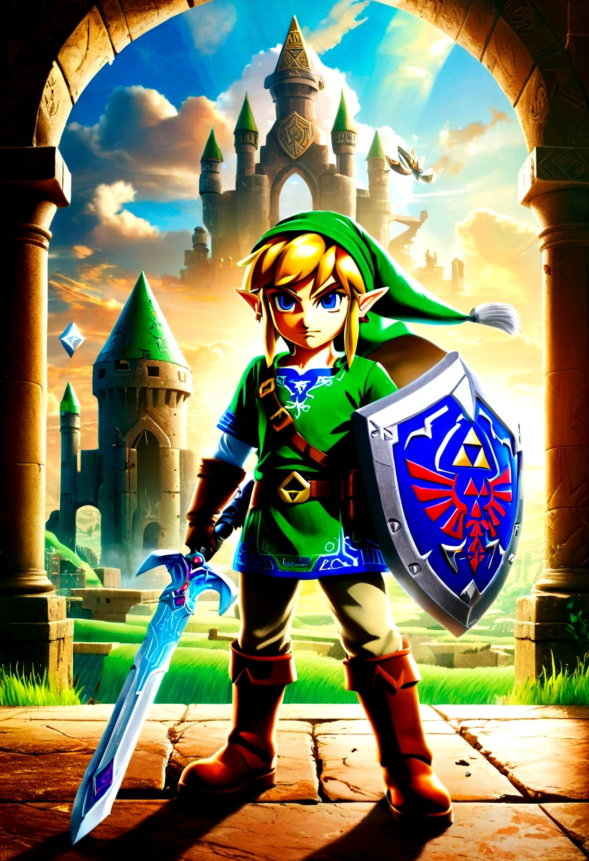 (The Legend of Zelda), Brave Link, waves crashing against the coast, children playing on the beach, distant sailboats are sailing against a backdrop of sea and sky, seagulls are freely circling in the sky, full body, (Photography), panoramic view, award-winning, cinematic still, emotional, vignette, dynamic, vivid, (masterpiece, best quality, Professional, perfect composition, very aesthetic, absurdres, ultra-detailed, intricate details:1.3)