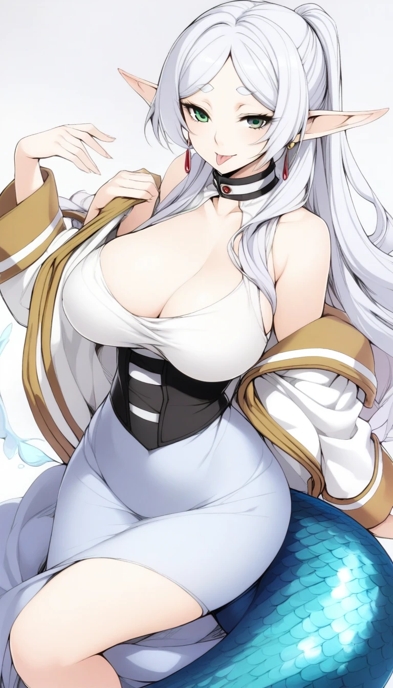 masterpiece, best quality, very aesthetic, absurdres, 1girl, mature_lady, large_breasts, ,frieren,sousou_no_frieren,elf, green_eyes, grey_hair, white_hair, long_hair, parted_bangs, pointy_ears, dangle_earrings, drop_earrings, earrings,,tongue out,Mermaid Dress: Fitted through the bodice and hips, then flares dramatically from the knee down, resembling a mermaid's tail.,Federal / Early American,floating_clothes