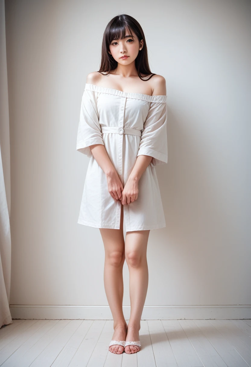 8k, raw photo, best quality, masterpiece, realistic, photo realistic, clear, professional lighting, beautiful face, best quality,ultra high res, realistic japanese beautiful, Super detailed, 1girl,full body, off shoulder