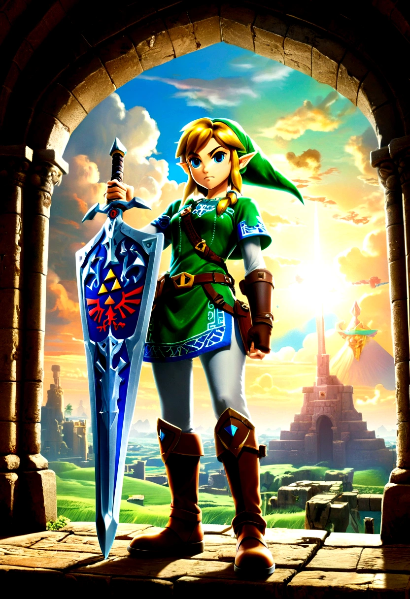 (The Legend of Zelda), Brave Link, waves crashing against the coast, children playing on the beach, distant sailboats are sailing against a backdrop of sea and sky, seagulls are freely circling in the sky, full body, (Photography), panoramic view, award-winning, cinematic still, emotional, vignette, dynamic, vivid, (masterpiece, best quality, Professional, perfect composition, very aesthetic, absurdres, ultra-detailed, intricate details:1.3)
