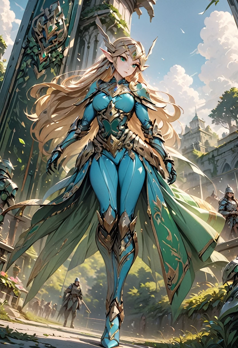 high details, best quality, 16k, [ultra detailed], masterpiece, best quality, (extremely detailed), full body, ultra wide shot, photorealistic, , fantasy art, dnd art, rpg art, realistic art, a wide angle, (((anatomically correct))) a wallpaper of an Princess Zelda, ready for battle with her mount (intense details, Masterpiece, best quality: 1.5),Princess Zelda (intense details, Masterpiece, best quality: 1.5), ultra detailed face, ultra feminine, fair skin, exquisite beauty, gold hair, long hair, wavy hair, small pointed ears, dynamic eyes color, wearing heavy green mech armor, shinning metal, armed with elven sword, green meadows, blue skies background and some clouds background depth of field (intricate details, Masterpiece, best quality: 1.5), full body (intricate details, Masterpiece, best quality: 1.5), high details, best quality, highres, ultra wide angle, Mechanical Creatures