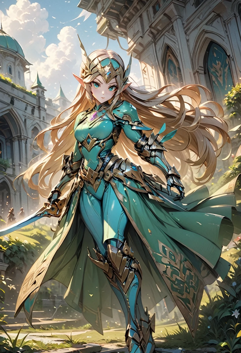 high details, best quality, 16k, [ultra detailed], masterpiece, best quality, (extremely detailed), full body, ultra wide shot, photorealistic, , fantasy art, dnd art, rpg art, realistic art, a wide angle, (((anatomically correct))) a wallpaper of an Princess Zelda, ready for battle with her mount (intense details, Masterpiece, best quality: 1.5),Princess Zelda (intense details, Masterpiece, best quality: 1.5), ultra detailed face, ultra feminine, fair skin, exquisite beauty, gold hair, long hair, wavy hair, small pointed ears, dynamic eyes color, wearing heavy green mech armor, shinning metal, armed with elven sword, green meadows, blue skies background and some clouds background depth of field (intricate details, Masterpiece, best quality: 1.5), full body (intricate details, Masterpiece, best quality: 1.5), high details, best quality, highres, ultra wide angle, Mechanical Creatures