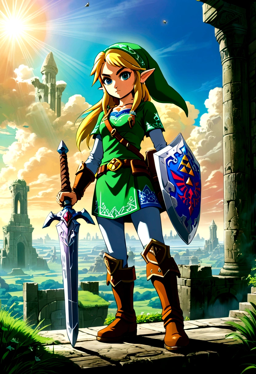 (The Legend of Zelda), Brave Link, waves crashing against the coast, children playing on the beach, distant sailboats are sailing against a backdrop of sea and sky, seagulls are freely circling in the sky, full body, (Photography), panoramic view, award-winning, cinematic still, emotional, vignette, dynamic, vivid, (masterpiece, best quality, Professional, perfect composition, very aesthetic, absurdres, ultra-detailed, intricate details:1.3)