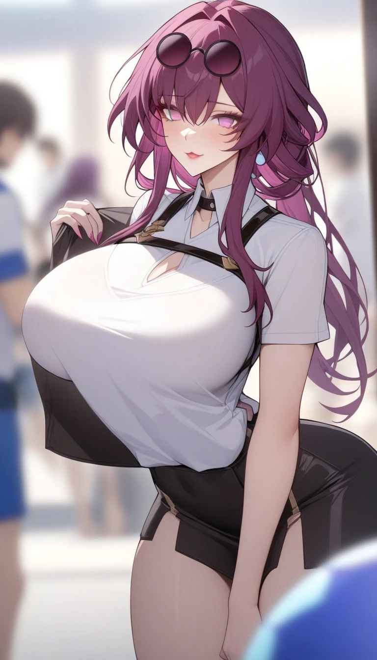 masterpiece, best quality, very aesthetic, absurdres, 1girl, mature_lady, large_breasts, ,kafka_(honkai:_star_rail), honkai:_star_rail, honkai_(series), 1girl, butterfly_ornament, eyewear_on_head, hair_between_eyes, large_breasts, long_hair, purple_eyes, purple_hair, round_eyewear, sidelocks,,waby mouth, :3,Water Polo Uniform,Iglu (Inuit),blur background,background defocus