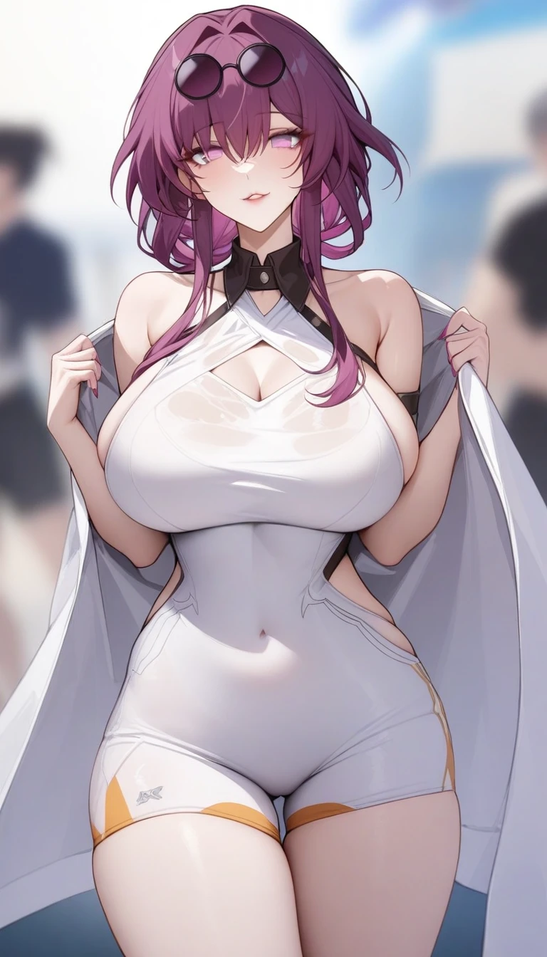 masterpiece, best quality, very aesthetic, absurdres, 1girl, mature_lady, large_breasts, ,kafka_(honkai:_star_rail), honkai:_star_rail, honkai_(series), 1girl, butterfly_ornament, eyewear_on_head, hair_between_eyes, large_breasts, long_hair, purple_eyes, purple_hair, round_eyewear, sidelocks,,waby mouth, :3,Water Polo Uniform,Iglu (Inuit),blur background,background defocus