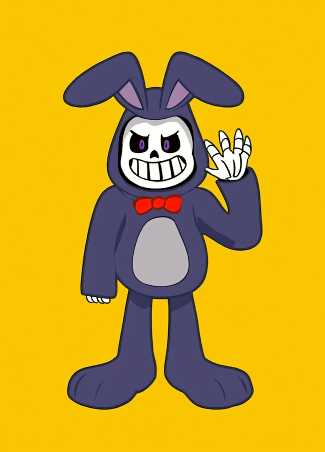 ​masterpiece, 3d, skull dressed as a purple plush rabbit, bright purple eyes, skeleton smiling, dando tchau, wearing a red bow tie, bone hands, cartoon, high qualiy, 4K