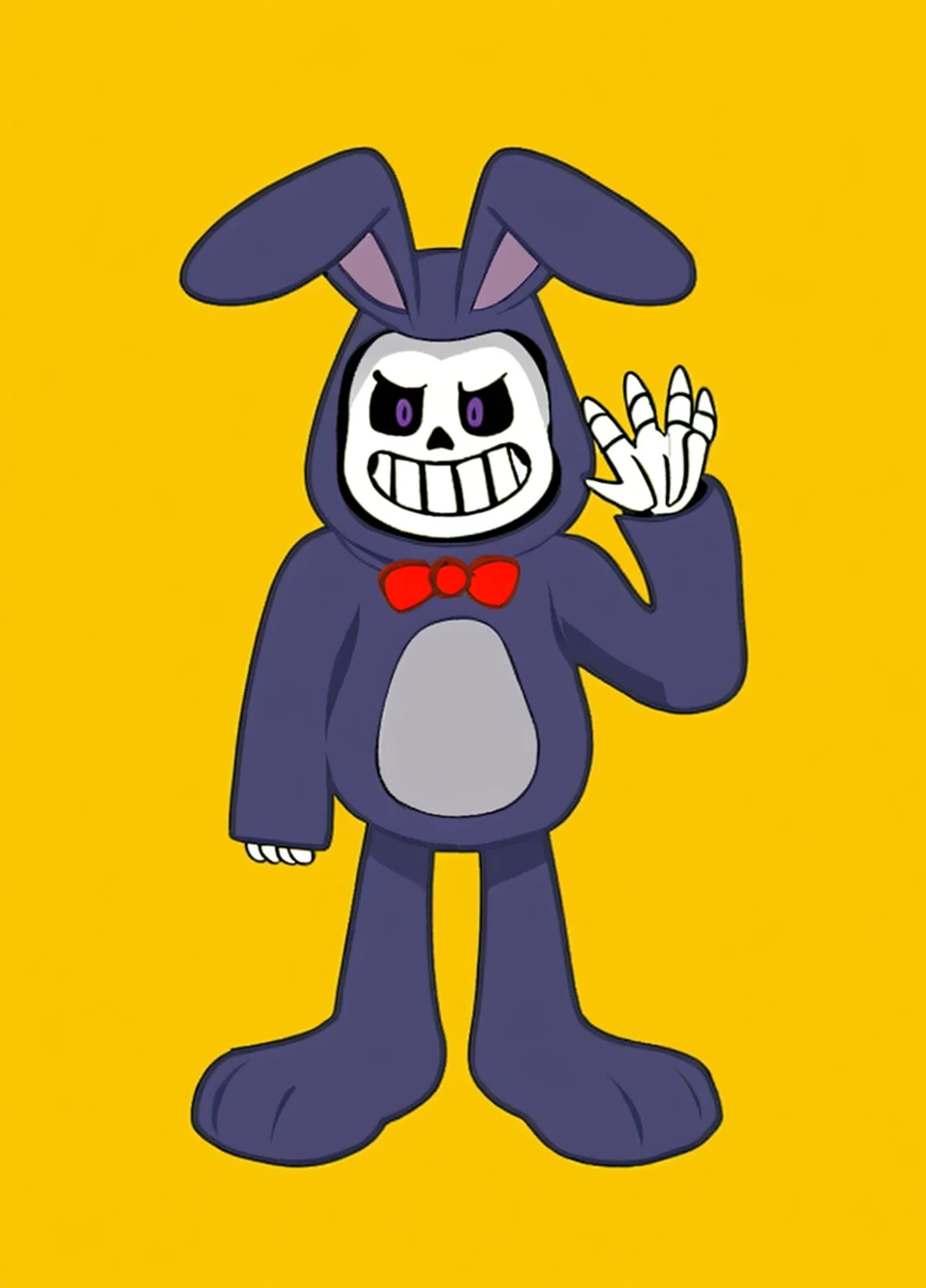 masterpiece, 3d, skull dressed as a purple plush rabbit, bright purple eyes, skeleton smiling, dando tchau, wearing a red bow tie, bone hands, cartoon, high qualiy, 4K