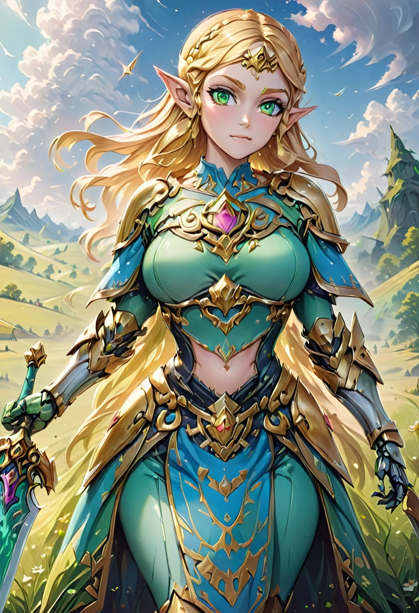 high details, best quality, 16k, [ultra detailed], masterpiece, best quality, (extremely detailed), full body, ultra wide shot, photorealistic, , fantasy art, dnd art, rpg art, realistic art, a wide angle, (((anatomically correct))) a wallpaper of an Princess Zelda, ready for battle with her mount (intense details, Masterpiece, best quality: 1.5),Princess Zelda (intense details, Masterpiece, best quality: 1.5), ultra detailed face, ultra feminine, fair skin, exquisite beauty, gold hair, long hair, wavy hair, small pointed ears, dynamic eyes color, wearing heavy green mech armor, shinning metal, armed with elven sword, green meadows, blue skies background and some clouds background depth of field (intricate details, Masterpiece, best quality: 1.5), full body (intricate details, Masterpiece, best quality: 1.5), high details, best quality, highres, ultra wide angle, Mechanical Creatures