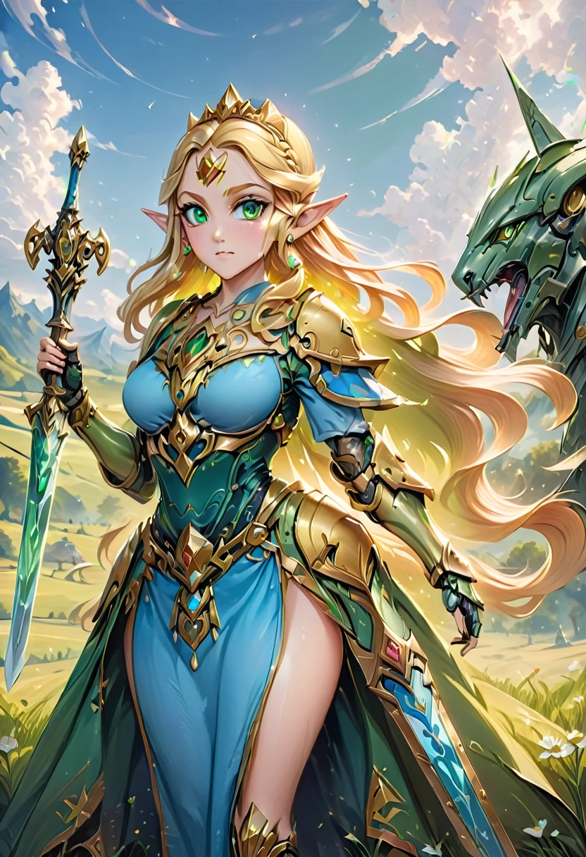 high details, best quality, 16k, [ultra detailed], masterpiece, best quality, (extremely detailed), full body, ultra wide shot, photorealistic, , fantasy art, dnd art, rpg art, realistic art, a wide angle, (((anatomically correct))) a wallpaper of an Princess Zelda, ready for battle with her mount (intense details, Masterpiece, best quality: 1.5),Princess Zelda (intense details, Masterpiece, best quality: 1.5), ultra detailed face, ultra feminine, fair skin, exquisite beauty, gold hair, long hair, wavy hair, small pointed ears, dynamic eyes color, wearing heavy green mech armor, shinning metal, armed with elven sword, green meadows, blue skies background and some clouds background depth of field (intricate details, Masterpiece, best quality: 1.5), full body (intricate details, Masterpiece, best quality: 1.5), high details, best quality, highres, ultra wide angle, Mechanical Creatures