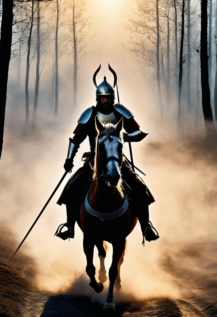 Cinematic picture. Warrior-Batyr of the Golden Horde, mysterious, modern vintage. The fog is thick. ultra-stunning lighting. (13th century. Kypchat batyr on horseback with a long spear touching the ground at a fork in the road) conceptual art, super detail, amazing composition. hyperrealistic photography, --ar 2:3 --expressive style --v 5.