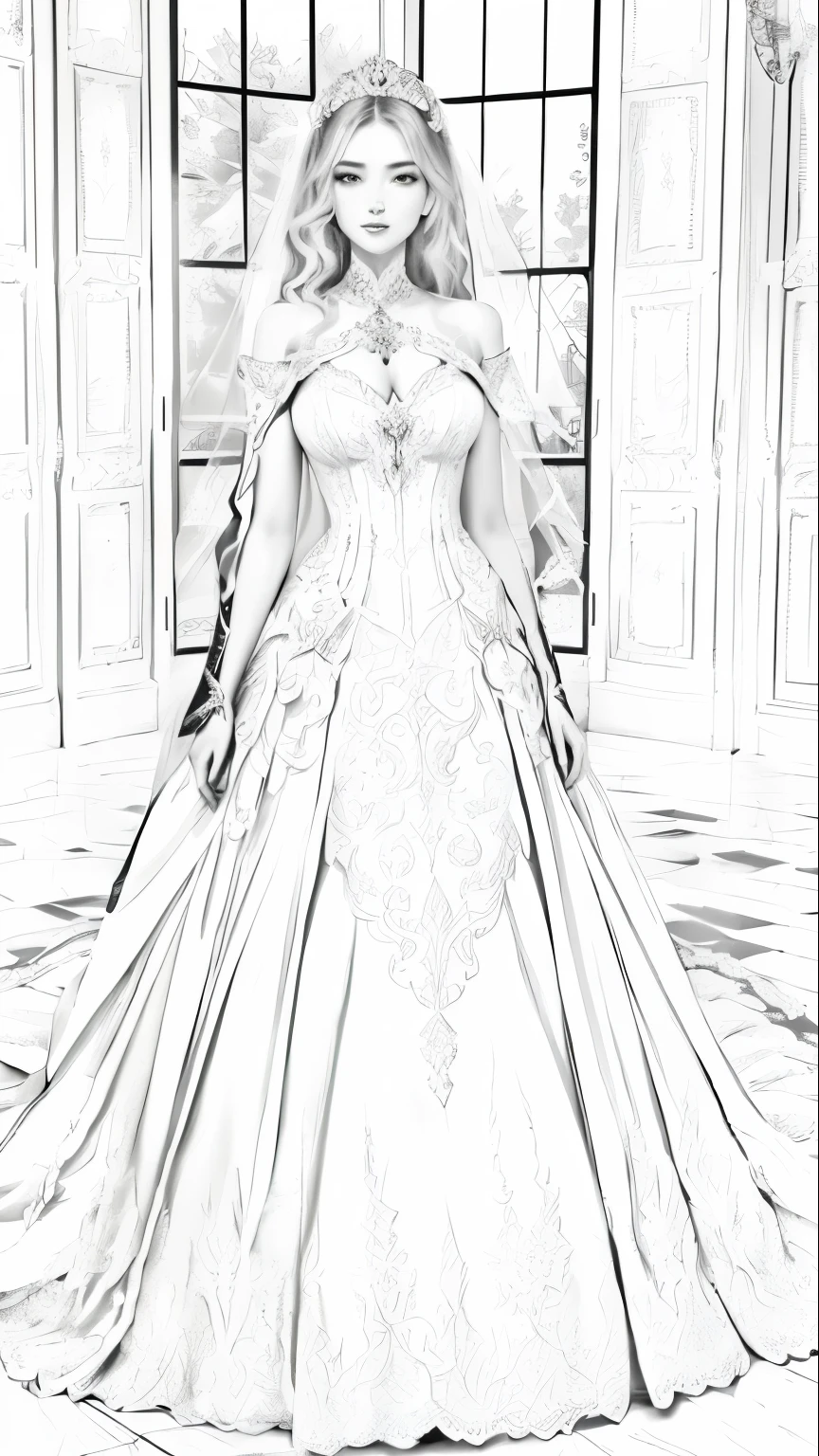 A black and white painting of a bride in a wedding dress, Elaborate dress and face, Sketch black and white color, Draw with photoshop, Elaborate dress, Strong line art, Exquisite dress, 线条艺术Coloring Pages, Gorgeous dress, intricate Elaborate dress, line art behance hd, Coloring Pages, Elegant digital art, Coloring Pages, black and white only