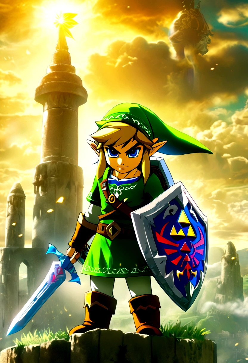 (The Legend of Zelda), Brave Link, waves crashing against the coast, children playing on the beach, distant sailboats are sailing against a backdrop of sea and sky, seagulls are freely circling in the sky, full body, (Photography), panoramic view, award-winning, cinematic still, emotional, vignette, dynamic, vivid, (masterpiece, best quality, Professional, perfect composition, very aesthetic, absurdres, ultra-detailed, intricate details:1.3)