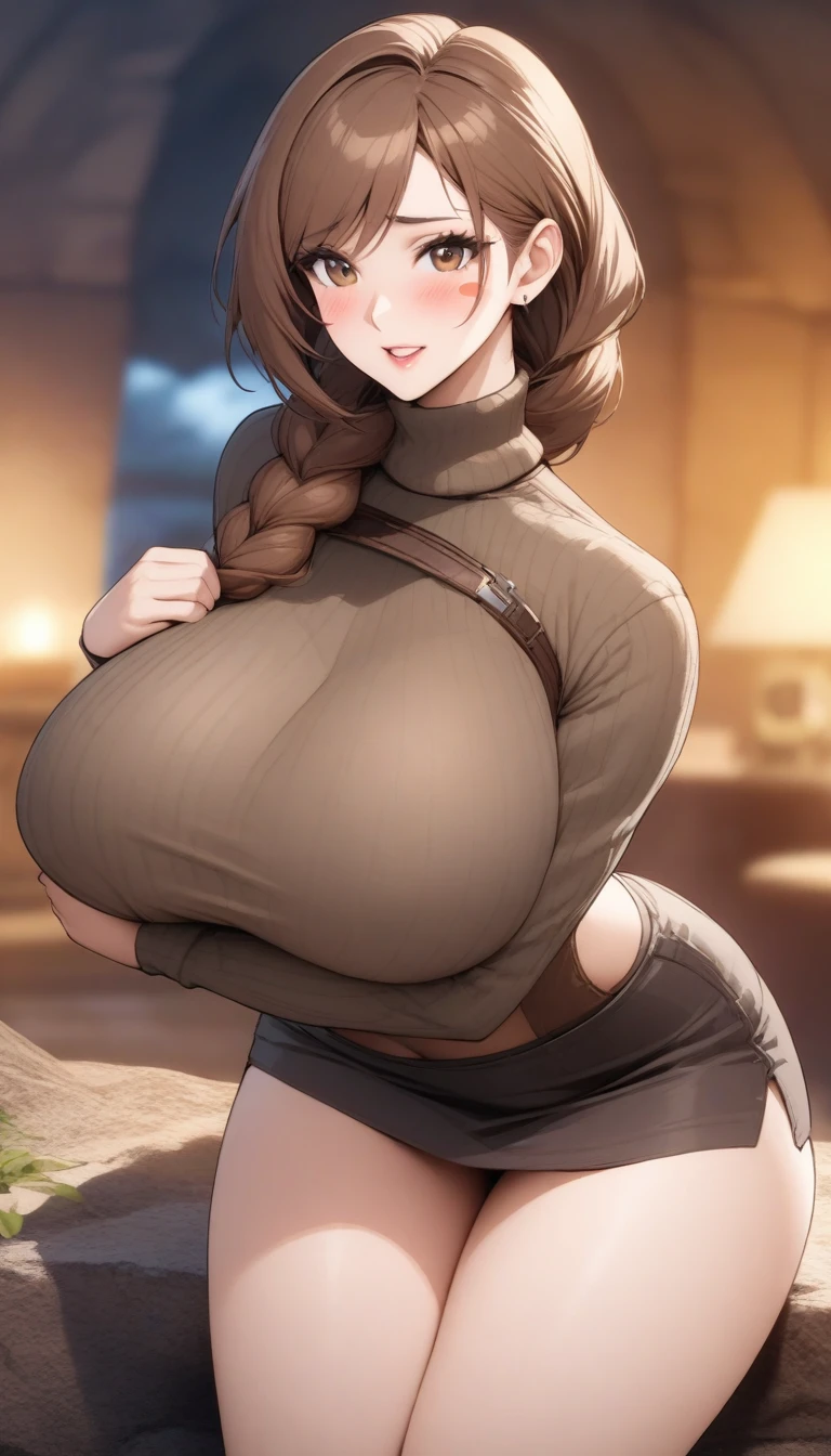 masterpiece, best quality, very aesthetic, absurdres, 1girl, mature_lady, large_breasts, ,lara_croft(tomb_raider), 1girl, long_hair, braid, brown_hair, brown_eyes,,blush stickers,Turtleneck: Sweater with a high, folded collar that covers the neck, providing warmth and style.,Traditional / Classic,blur background,background defocus