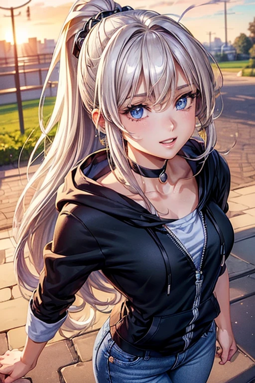#Basics A girl is posing for a photo, animeのかわいい女の子, (((One Girl, Baby Face, Young girl, 16 years old))),
BREAK
#Clothing Accessories
(Black hoodie) + White shirt + (Blue denim skinny pants) + Blue sneakers,
Black choker, red gem earrings,
BREAK
#Features
(Blonde), (Chest-length sideburns:1.4 (ponytail : Long Hair + Thin hair tied up + Hair blowing in the wind + Full hair + Curly Hair),
(Droopy eyes, blue eyes), (Small breasts),
BREAK
#background environment
(noon、(A promenade beside a pond bathed in sunlight))
#Facial Expression Pose
((Big happy smile + Mouth wide open + Teeth are visible), (Running towards the viewer from the back)),
#composition
((Face the camera, Angle from the front, Looking up, Cowboy Shot)),
BREAK
#Body parts elements
(Detailed hair, Beautiful Hair, Shiny Hair),
(double eyelid, Long eyelashes),
(Expression of fine eyes, Beautiful and delicate eyes, Sparkling eyes, Eye Reflexes, Glitter Eyeliner),
(Human Ear),
(Beautiful Nose, Thin Nose),
(Glossy lips, Beautiful Lips, Thick lips, Glossy Lips, Natural Cheeks),
(Detailed face, Symmetrical facial features),
(Detailed skin, Textured skin, Beautiful Skin, Shiny skin),
BREAK
#Quality
(((Highest quality)), ((masterpiece)), ((Very detailed))), ((High resolution), (16K,1080P)),
(Realistic), (Anatomically correct),
((comics, anime)), (3DCG), CG illustration,